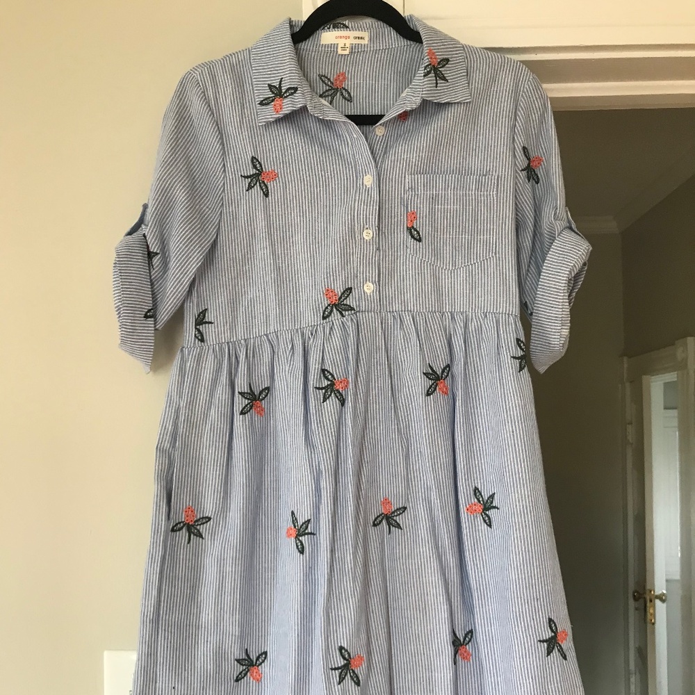 Striped Shirt Dress w/ Embroidery